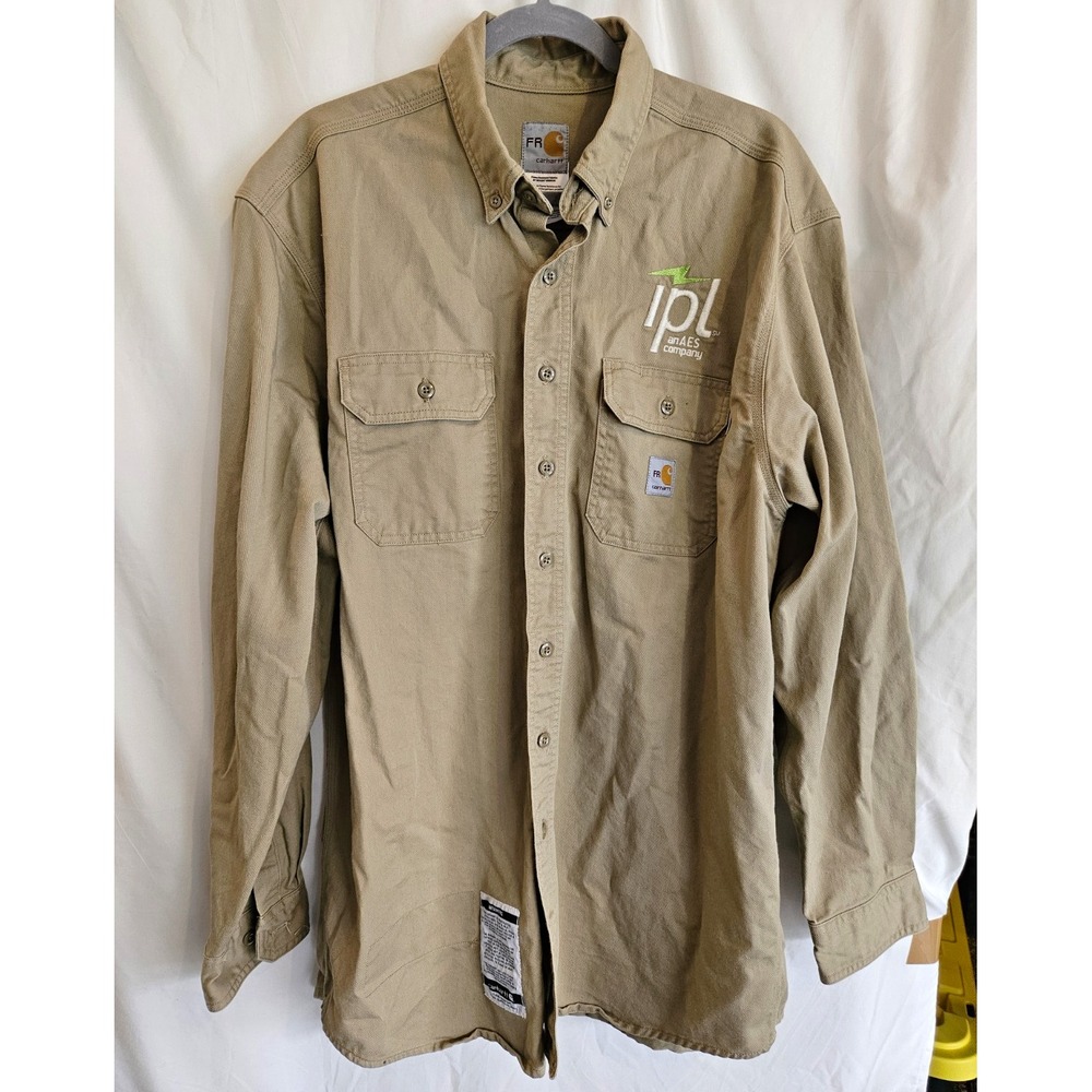 Carhartt FR Shirt Mens L Khaki Flame Resistant Workwear Button Up 23x32